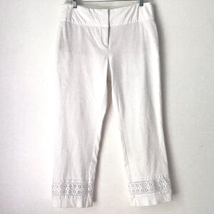 Alfani White Cropped Ankle Pants Size 8 Lace Hem Tummy Control Stretchy